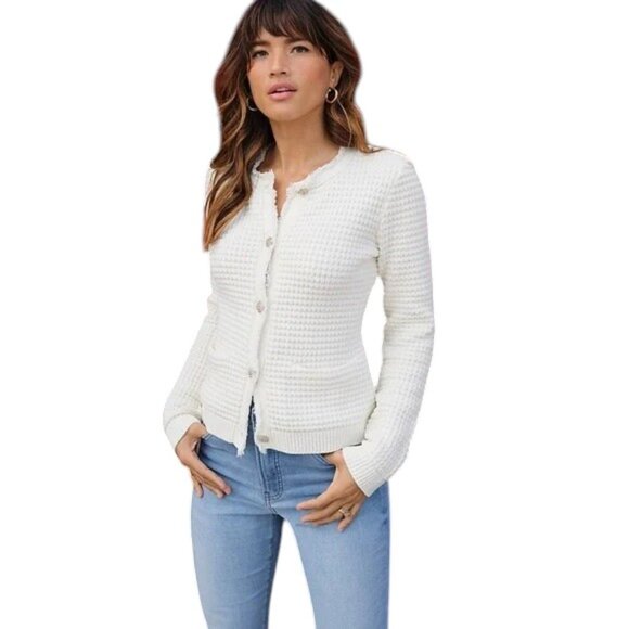 EXPRESS TEXTURED FRINGE BUTTON FRONT SWEATER CARDIGAN - Picture 3 of 5